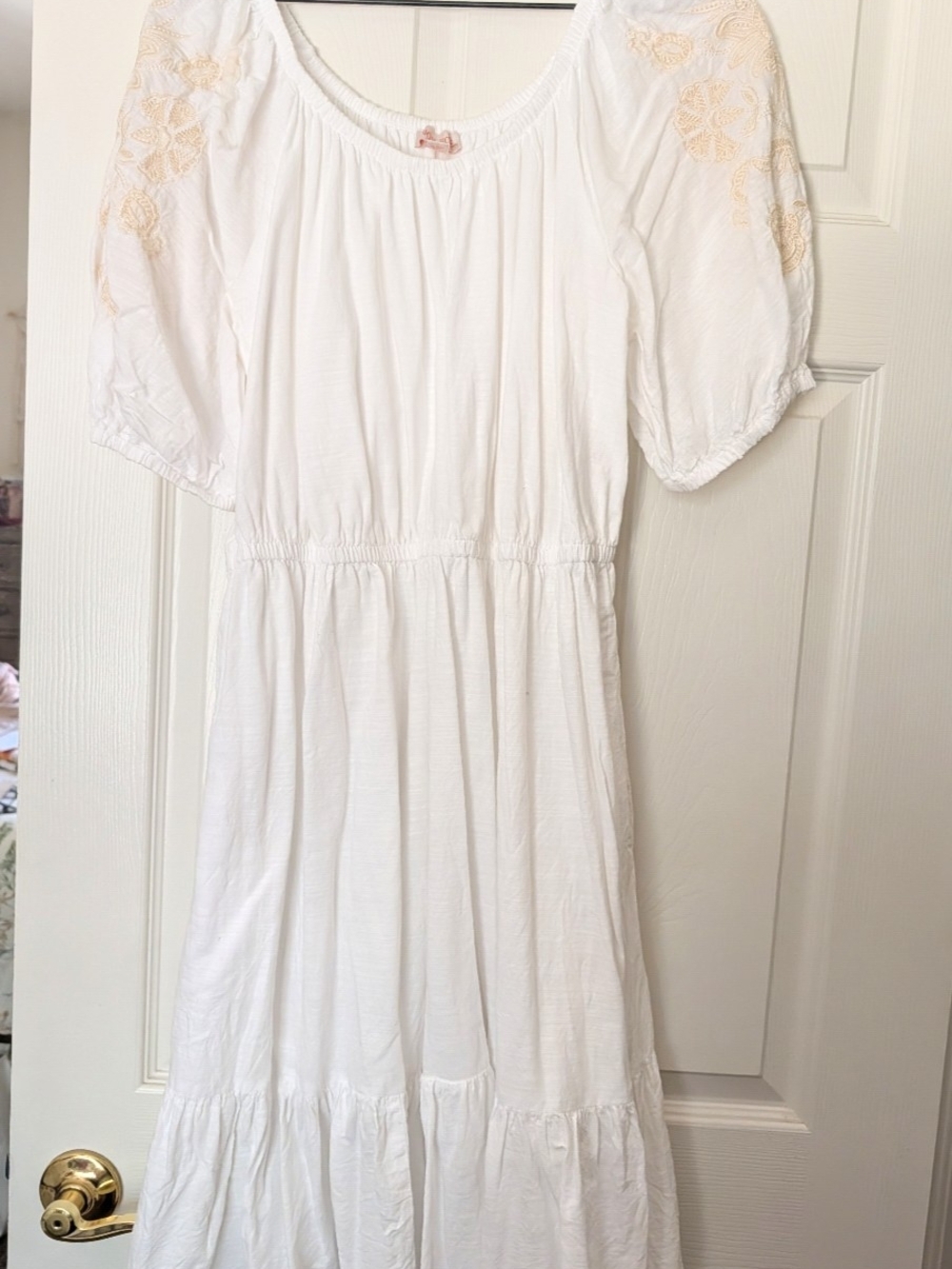 White Peasant Midi Dress with Embroidered Sleeves
